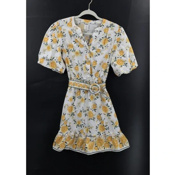 Joie White yellow floral puff sleeve mini dress Azaleia spring summer flirty 10 - Picture 1 of 16